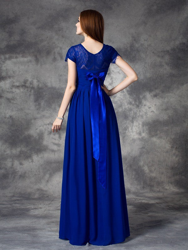 A-line/Princess Bateau Lace Sleeveless Long Chiffon Bridesmaid Dresses CICIP0005036