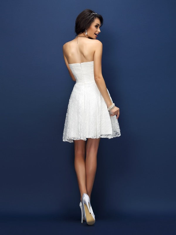 A-Line/Princess Sweetheart Lace Pleats Sleeveless Short Satin Bridesmaid Dresses CICIP0005420