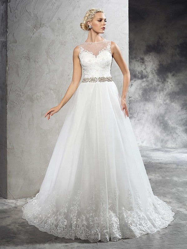 A-Line/Princess Sheer Neck Beading Sleeveless Long Net Wedding Dresses CICIP0006614