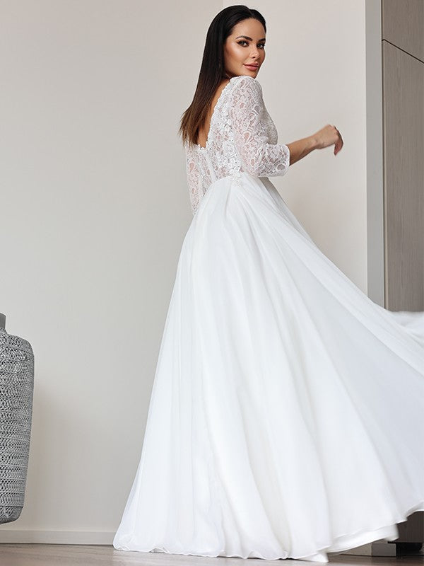 A-Line/Princess Chiffon Lace V-neck 3/4 Sleeves Floor-Length Wedding Dresses CICIP0007031