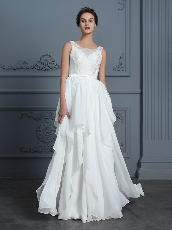 A-Line/Princess Scoop Sleeveless Ruffles Floor-Length Chiffon Wedding Dresses CICIP0006839