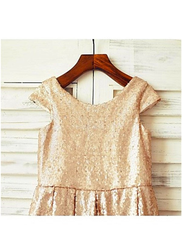 A-line/Princess Scoop Short Sleeves Tea-Length Sequins Flower Girl Dresses CICIP0007693