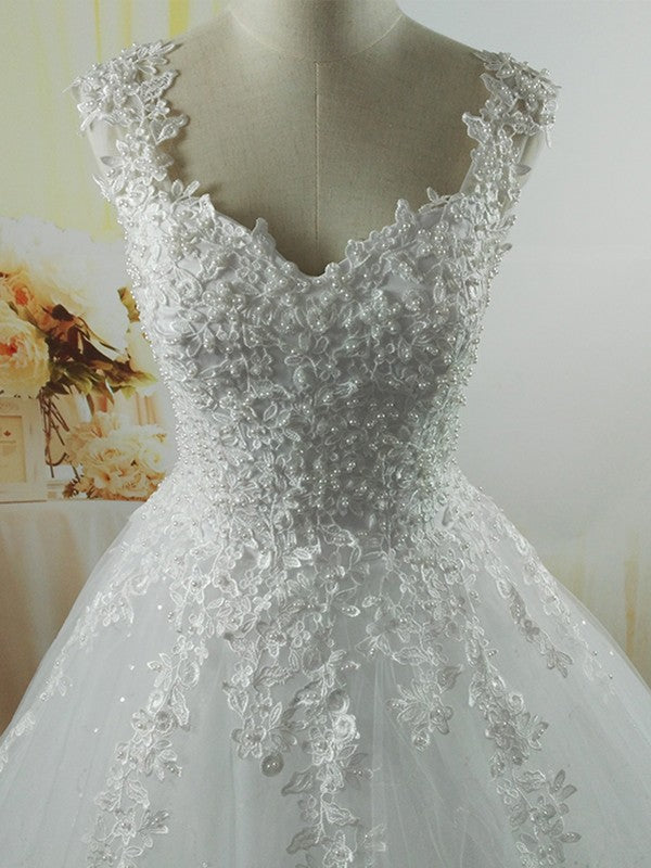 Ball Gown V-neck Sleeveless Sweetheart Floor-Length Applique Tulle Wedding Dresses CICIP0005993