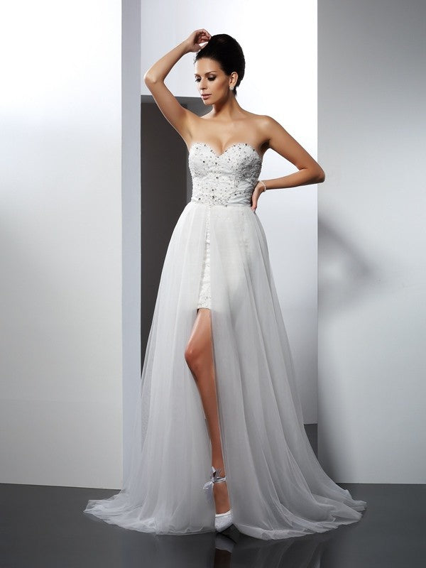 A-Line/Princess Sweetheart Applique Sleeveless Long Tulle Wedding Dresses CICIP0006728