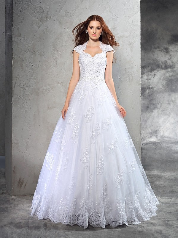 Ball Gown Sweetheart Lace Sleeveless Long Organza Wedding Dresses CICIP0006696