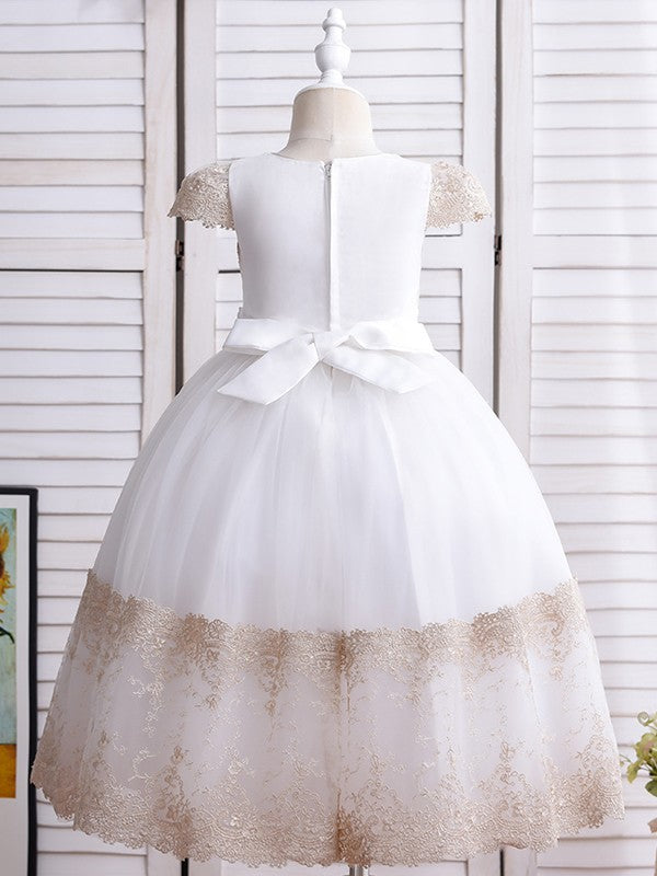 Ball Gown Lace Hand-Made Flower Scoop Short Sleeves Ankle-Length Flower Girl Dresses CICIP0007514