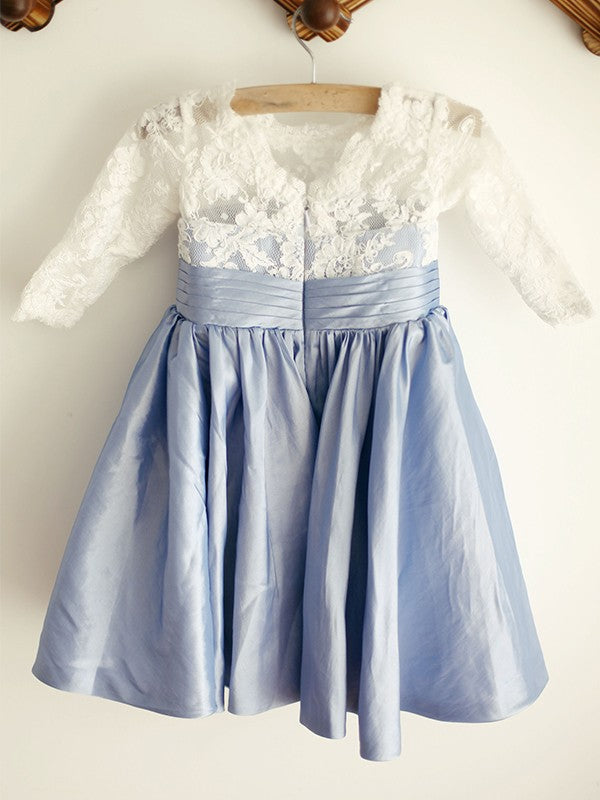A-Line/Princess Taffeta Lace Scoop 3/4 Sleeves Knee-Length Flower Girl Dresses CICIP0007796