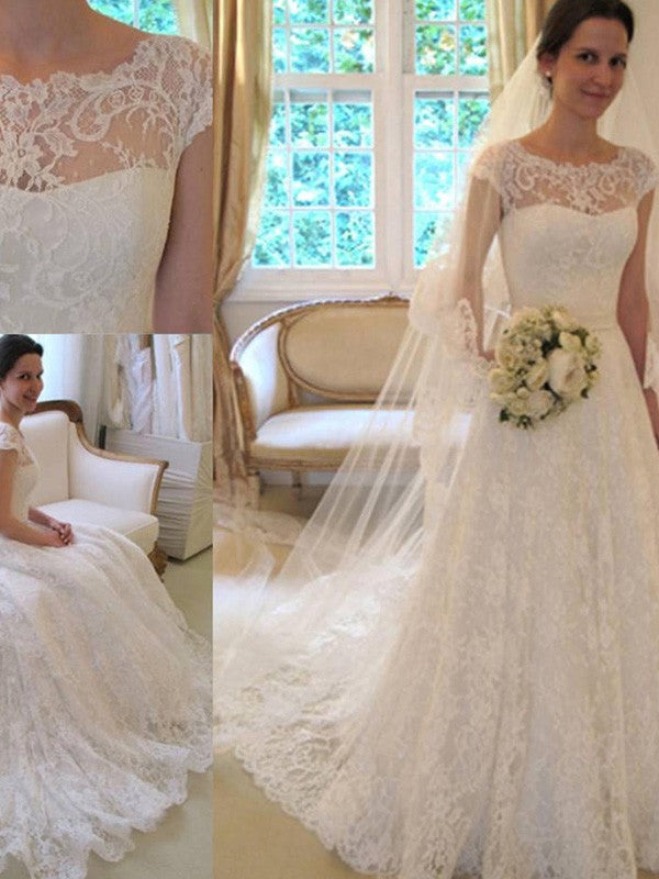 A-Line/Princess Sash/Ribbon/Belt Short Sleeves Square Court Train Applique Lace Wedding Dresses CICIP0006475