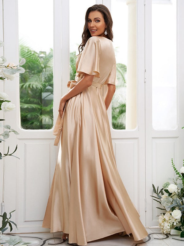 A-Line/Princess Silk like Satin Sash/Ribbon/Belt V-neck Short Sleeves Floor-Length Bridesmaid Dresses CICIP0004897