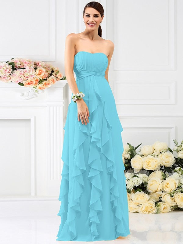A-Line/Princess Strapless Pleats Sleeveless Long Chiffon Bridesmaid Dresses CICIP0005396