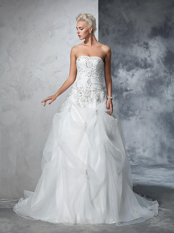 Ball Gown Strapless Beading Sleeveless Long Tulle Wedding Dresses CICIP0006666