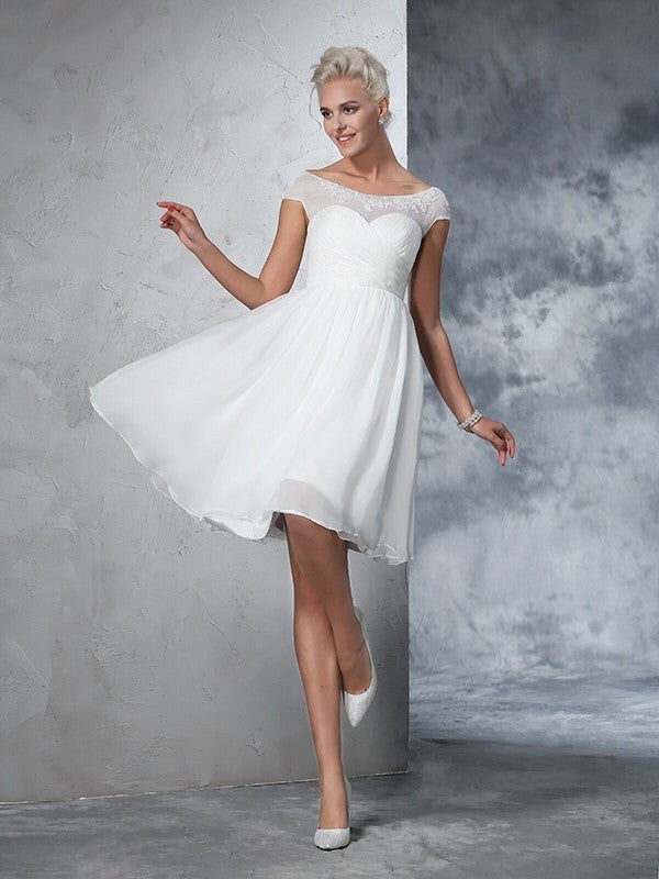 A-Line/Princess Sheer Neck Ruched Short Sleeves Short Chiffon Wedding Dresses CICIP0006652