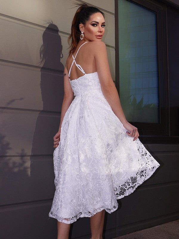 A-Line/Princess Sweetheart Lace Ruffles Sleeveless Asymmetrical Homecoming Dresses CICIP0004434
