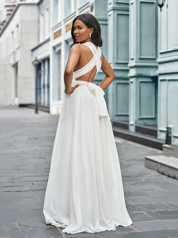 A-Line/Princess Chiffon Halter Ruched Sleeveless Floor-Length Wedding Dresses CICIP0006674