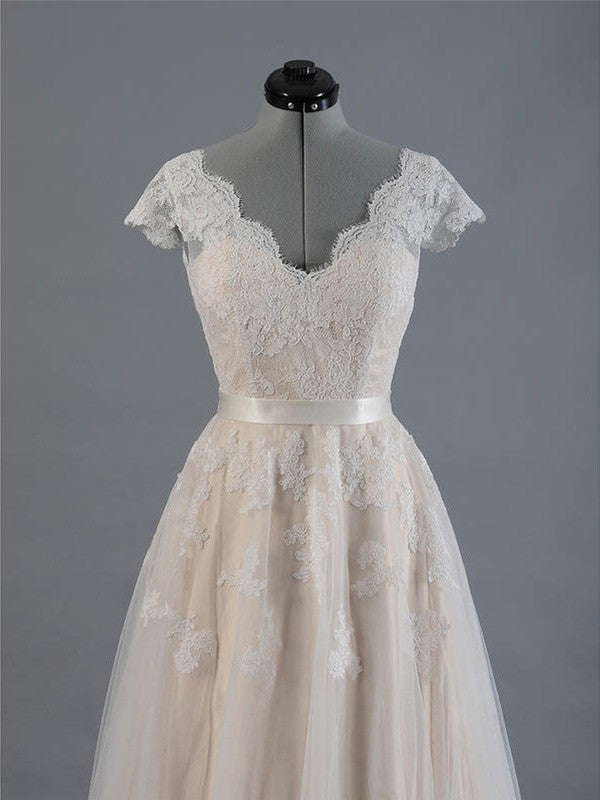 A-Line/Princess V-neck Sleeveless Floor-Length Applique Lace Wedding Dresses CICIP0006362