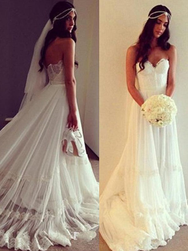 A-Line/Princess Sweetheart Sleeveless Tulle Lace Court Train Wedding Dresses CICIP0006823