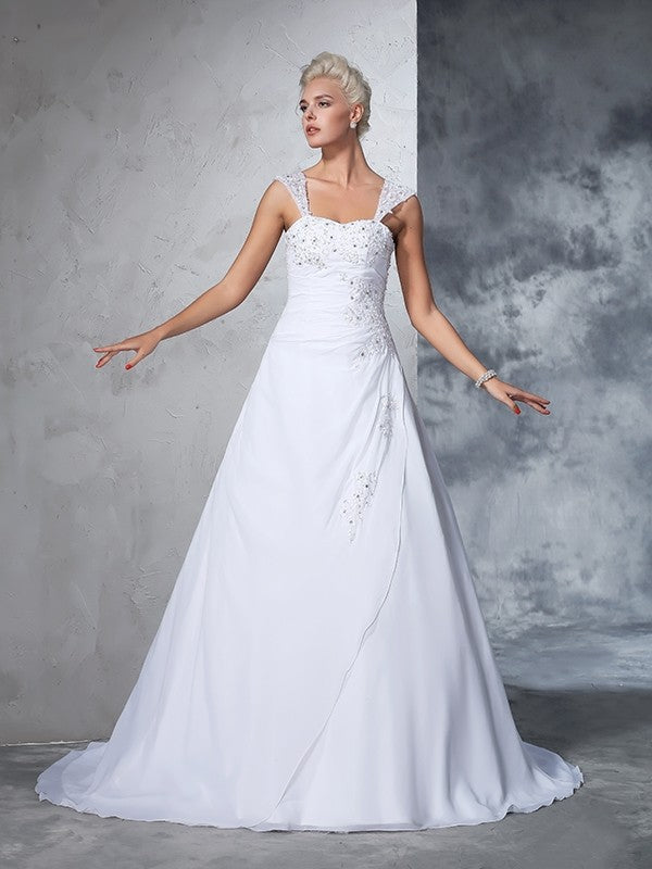 Ball Gown Straps Applique Sleeveless Long Chiffon Wedding Dresses CICIP0006560