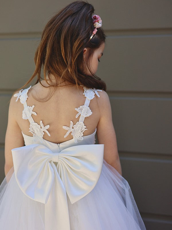 A-Line/Princess Tulle Bowknot Sweetheart Sleeveless Floor-Length Flower Girl Dresses CICIP0007458