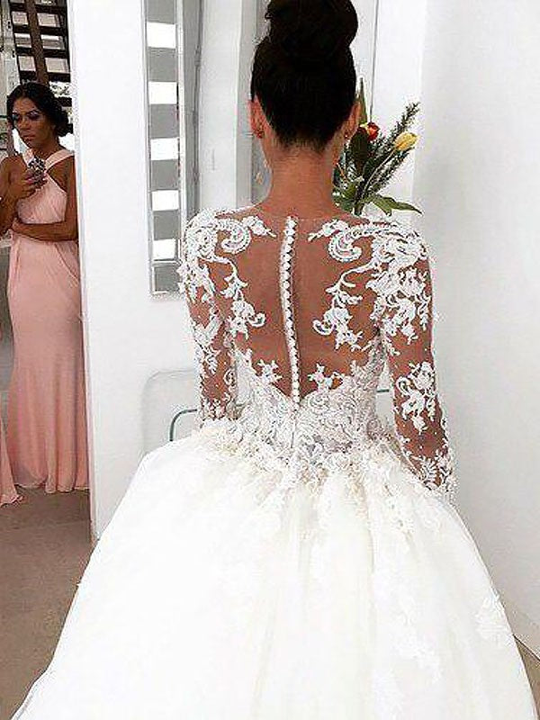 Ball Gown Long Sleeves Scoop Court Train Lace Wedding Dresses CICIP0006107