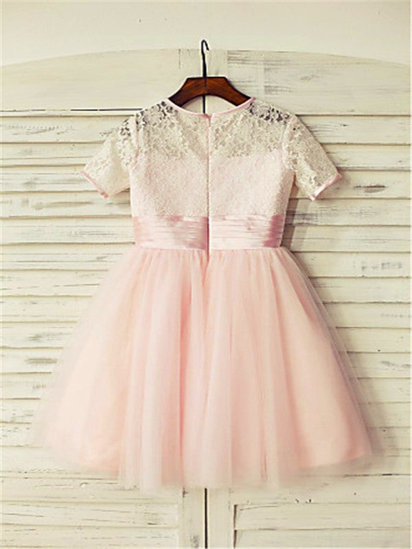 A-line/Princess Jewel Short Sleeves Lace Tea-Length Tulle Flower Girl Dresses CICIP0007793