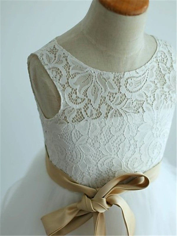 A-line/Princess Scoop Sleeveless Sash/Ribbon/Belt Tea-Length Tulle Flower Girl Dresses CICIP0007533
