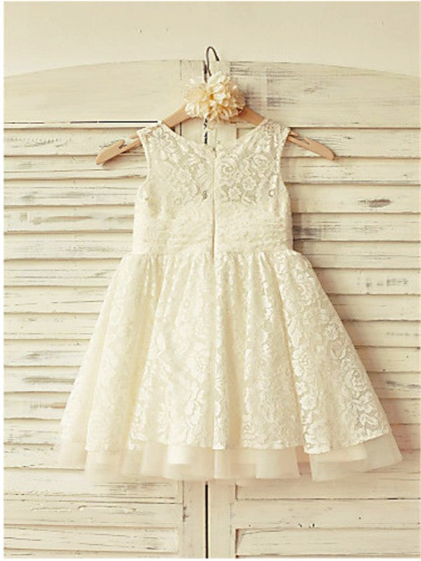A-line/Princess Scoop Sleeveless Ruffles Tea-Length Lace Flower Girl Dresses CICIP0007616