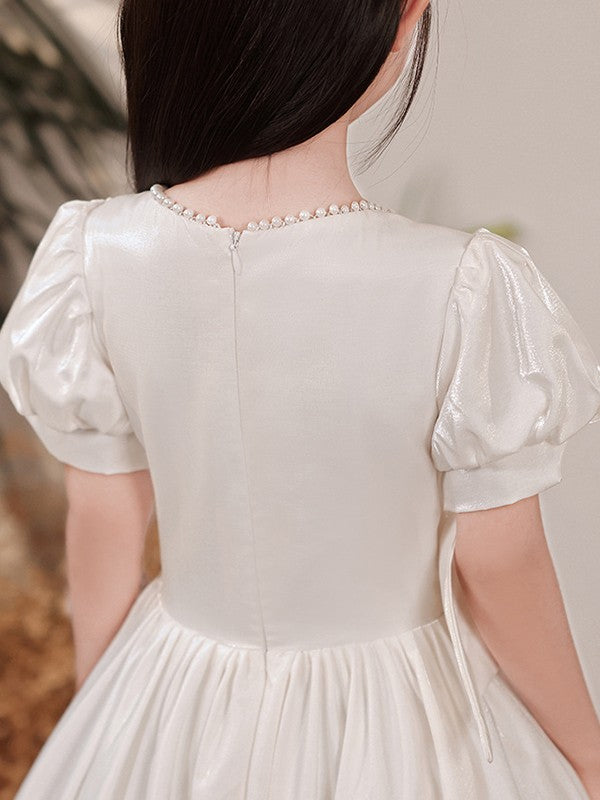 A-Line/Princess Satin Bowknot Sweetheart Short Sleeves Floor-Length Flower Girl Dresses CICIP0007508