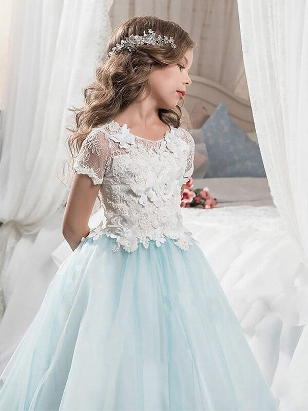 A-line/Princess Scoop Short Sleeves Lace Tulle Floor-Length Flower Girl Dresses CICIP0007583