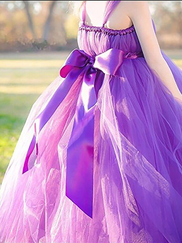 Ball Gown Straps Sleeveless Bowknot Floor-Length Tulle Flower Girl Dresses CICIP0007664