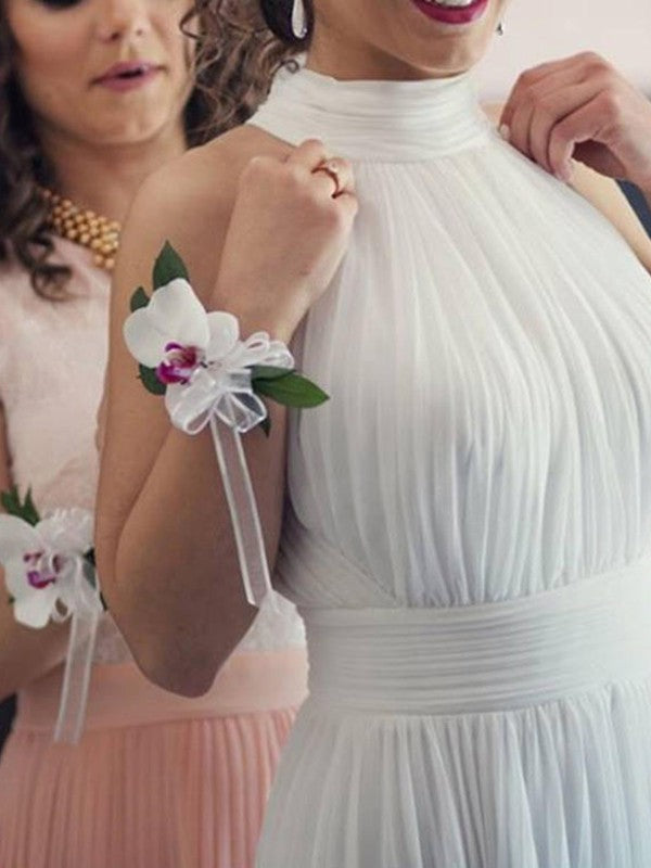 A-Line/Princess Halter Sleeveless Ruffles Tulle Floor-Length Wedding Dresses CICIP0006817