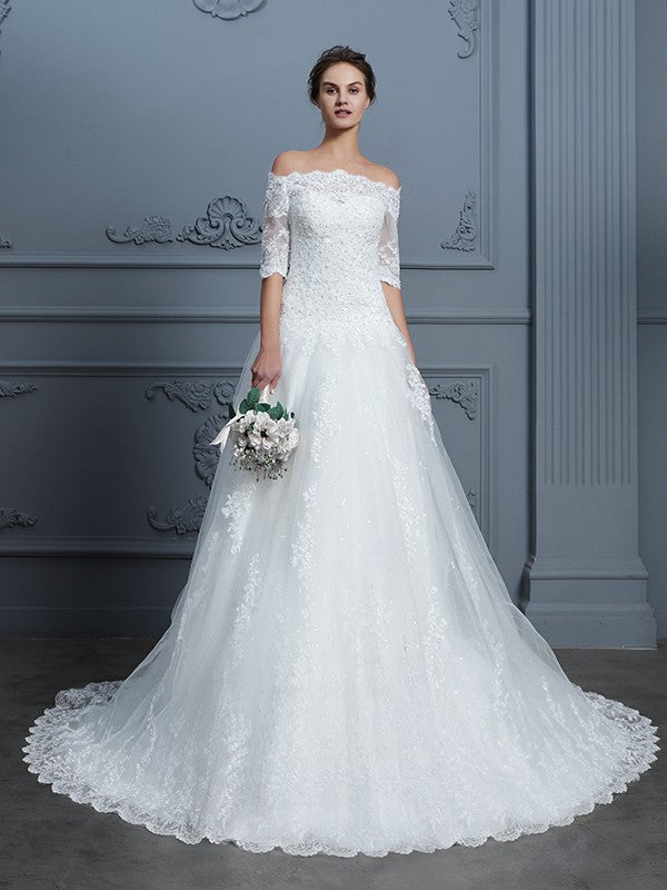 Ball Gown Off-the-Shoulder 1/2 Sleeves Beading Court Train Lace Wedding Dresses CICIP0006404