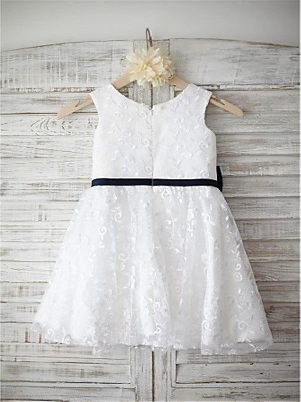 A-line/Princess Scoop Sleeveless Bowknot Tea-Length Lace Flower Girl Dresses CICIP0007816