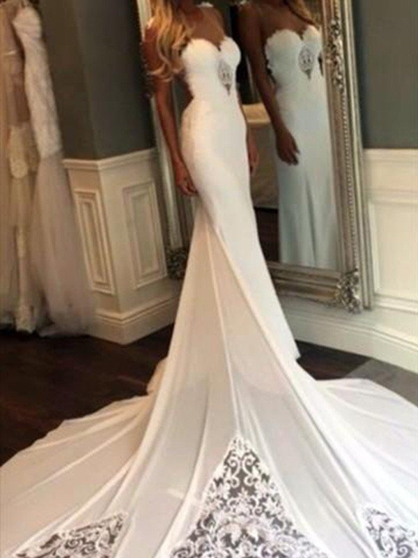 Trumpet/Mermaid Sleeveless Sweetheart Applique Cathedral Train Lace Wedding Dresses CICIP0006215