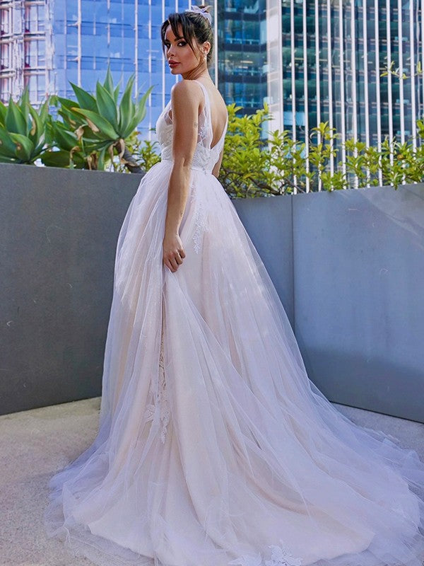 A-Line/Princess Tulle V-neck Applique Sleeveless Sweep/Brush Train Wedding Dresses CICIP0006067