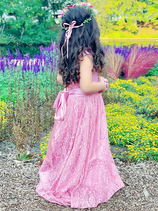 A-Line/Princess Lace Sash/Ribbon/Belt Scoop Sleeveless Ankle-Length Flower Girl Dresses CICIP0007494