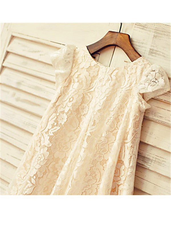 A-line/Princess Scoop Short Sleeves Tea-Length Lace Flower Girl Dresses CICIP0007725
