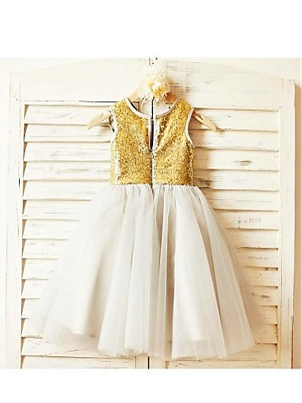 A-line/Princess Scoop Sleeveless Tea-Length Sequin Tulle Flower Girl Dresses CICIP0007894