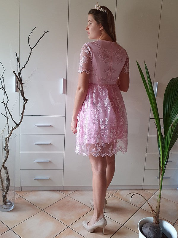 A-Line/Princess Short Sleeves Organza Sheer Neck Applique Short/Mini Homecoming Dresses CICIP0004782