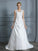 A-Line/Princess V-neck Sweep/Brush Train Sleeveless Applique Satin Wedding Dresses CICIP0006626