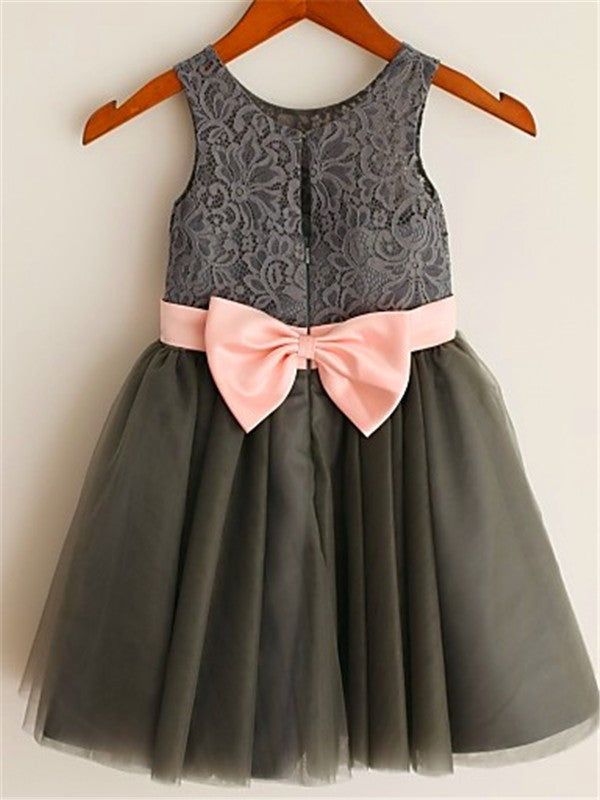 A-line/Princess Scoop Sleeveless Bowknot Tea-Length Tulle Flower Girl Dresses CICIP0007890