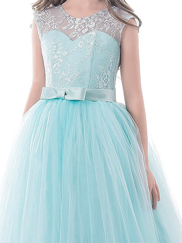 Ball Gown Jewel Sleeveless Bowknot Floor-Length Tulle Flower Girl Dresses CICIP0007644