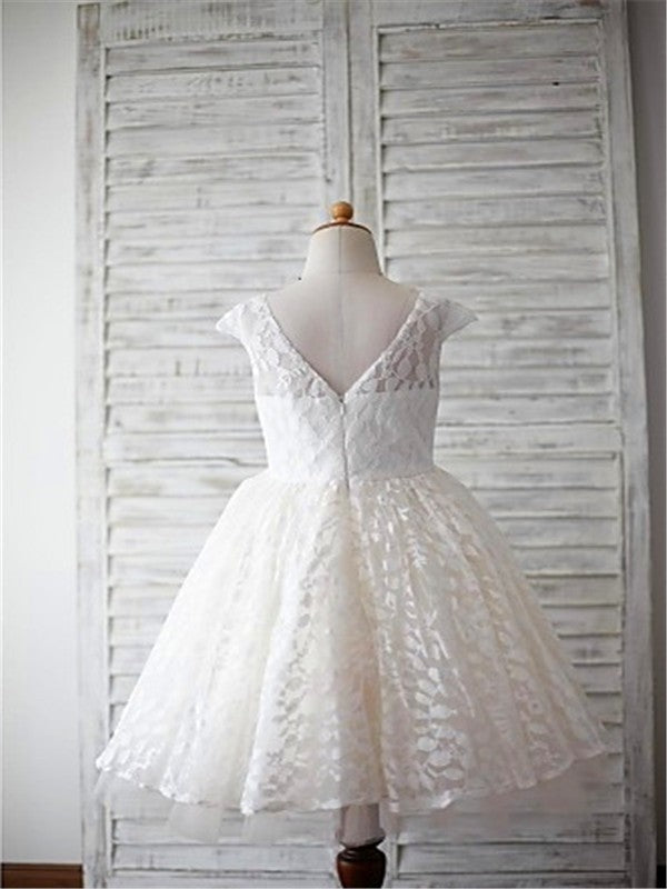 A-line/Princess Scoop Short Sleeves Tea-Length Lace Flower Girl Dresses CICIP0007613