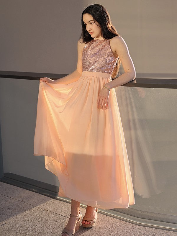 A-Line/Princess Chiffon Sequin Scoop Sleeveless Ankle-Length Junior/Girls Bridesmaid Dresses CICIP0005882