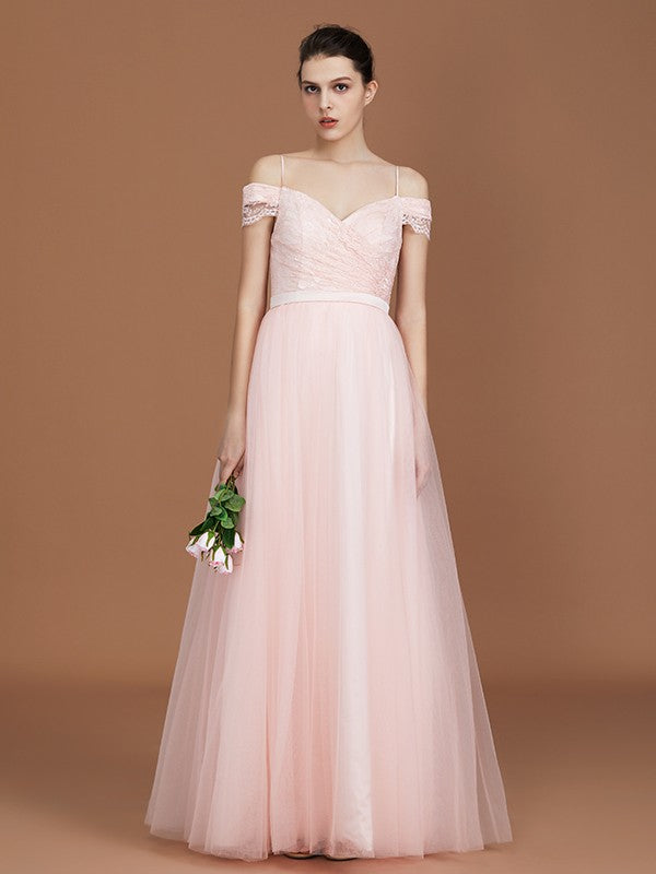 A-Line/Princess Short Sleeves Lace Spaghetti Straps Ruched Sweetheart Floor-Length Tulle Bridesmaid Dresses CICIP0005826