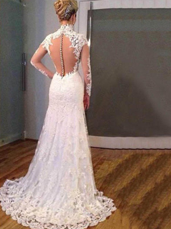 Trumpet/Mermaid Long Sleeves V-neck Sweep/Brush Train Applique Lace Wedding Dresses CICIP0006226