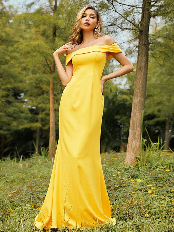 Sheath/Column Jersey Ruched Off-the-Shoulder Sleeveless Sweep/Brush Train Bridesmaid Dresses CICIP0004987
