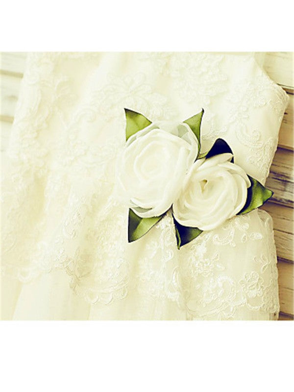 A-line/Princess Straps Sleeveless Hand-made Flower Tea-Length Tulle Flower Girl Dresses CICIP0007884