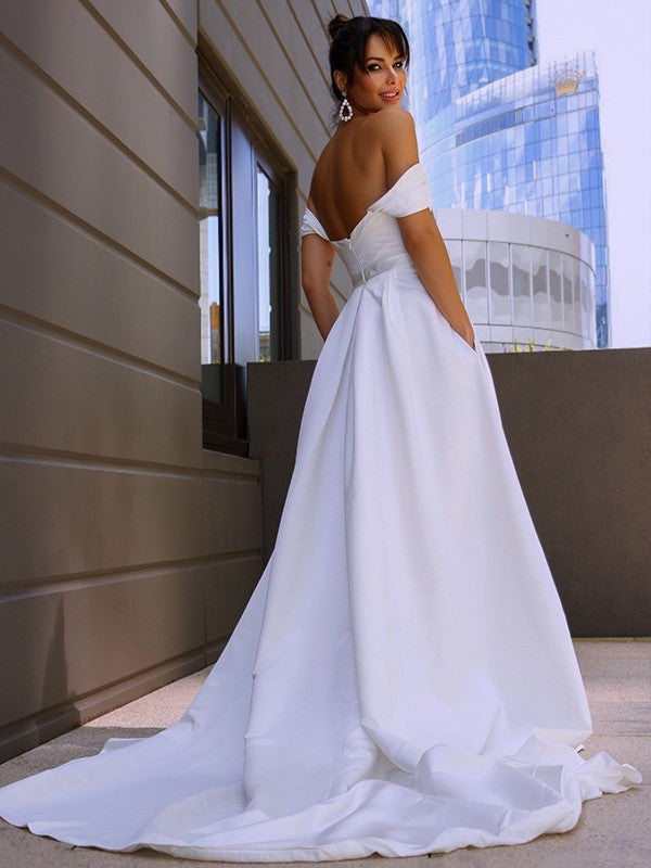 A-Line/Princess Satin Ruched Off-the-Shoulder Sleeveless Sweep/Brush Train Wedding Dresses CICIP0006115