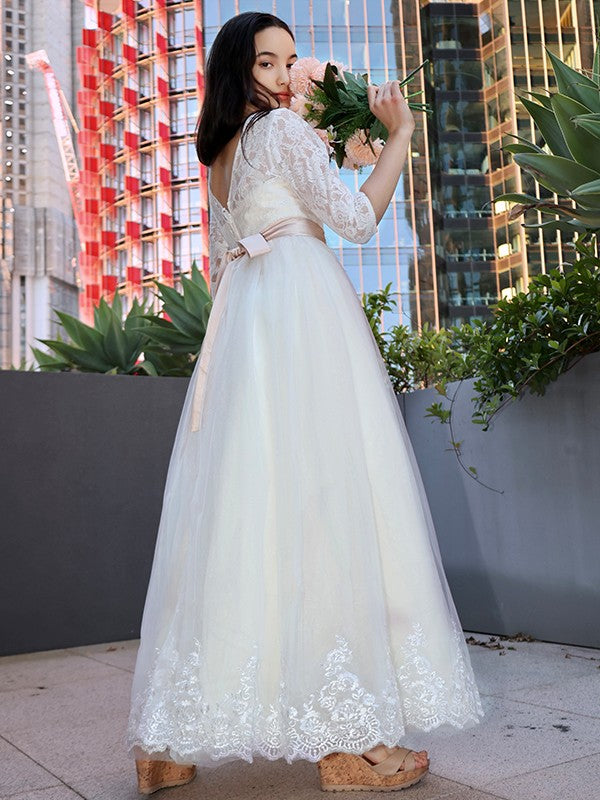 A-Line/Princess Lace Applique Scoop 3/4 Sleeves Floor-Length Junior Bridesmaid Dresses CICIP0005859