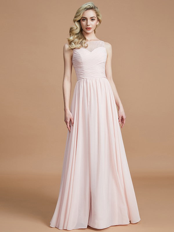 A-Line/Princess Bateau Sleeveless Ruched Floor-Length Chiffon Bridesmaid Dresses CICIP0005673